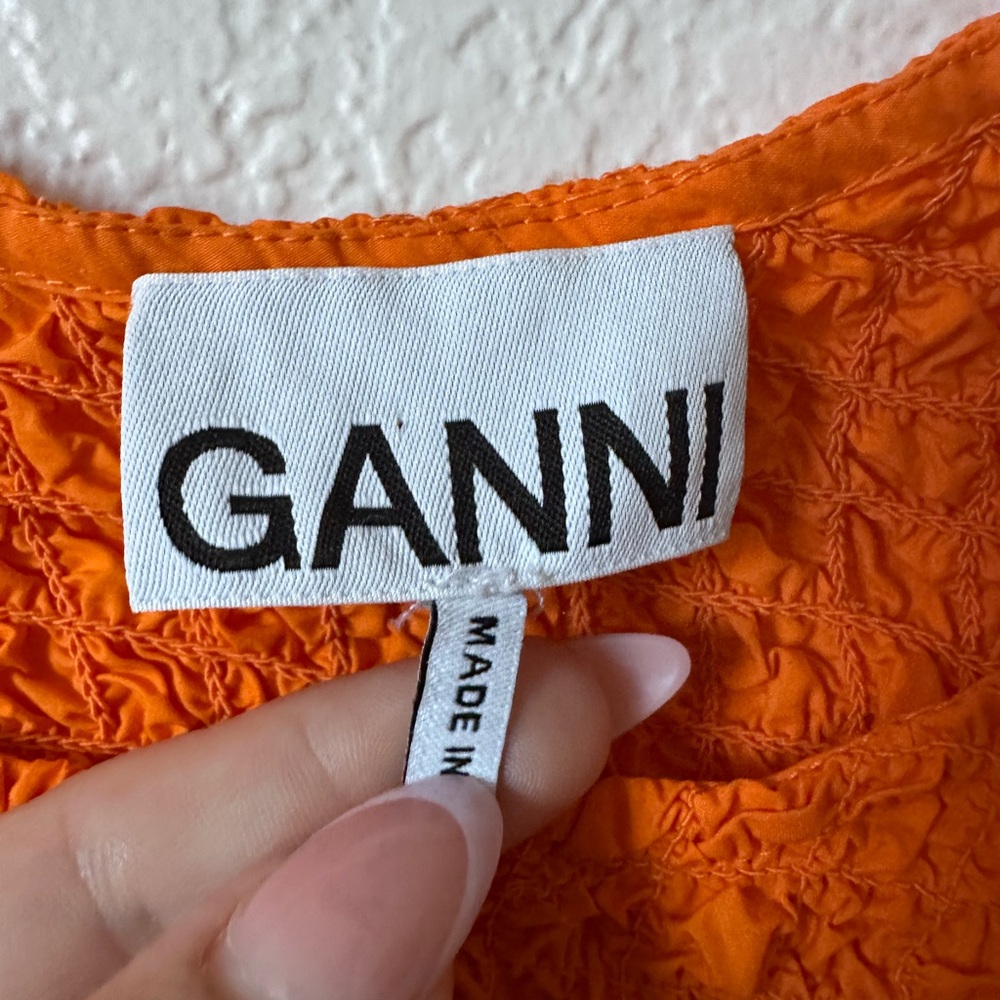 Ganni Cotton Poplin O Neck Shirred Crop Top in Orange - Size 44 XL - Picture 5 of 10